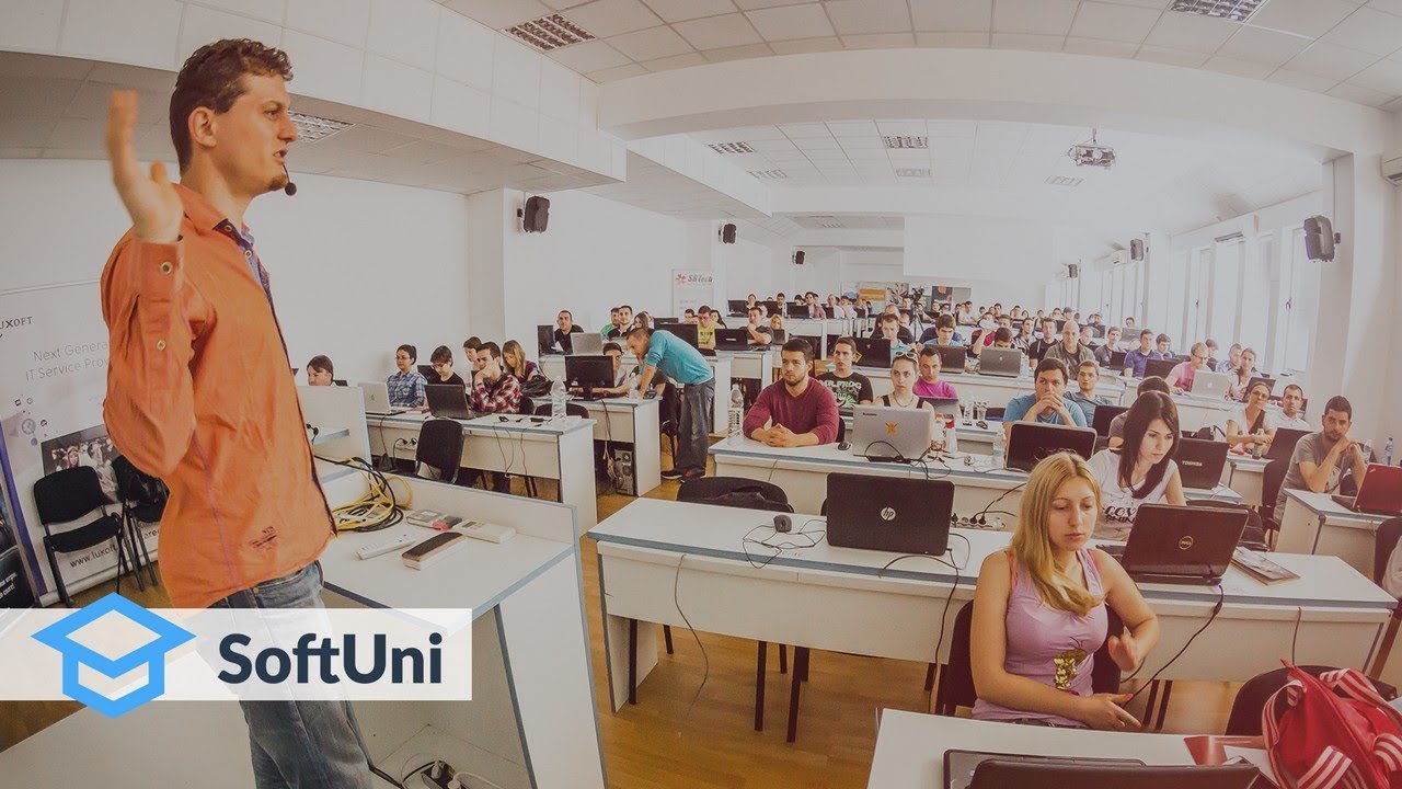 Svetlin Nakov, SoftUni's Co-Founder and Innovation and Inspiration Manager, and students during a programming lecture at the Software University.