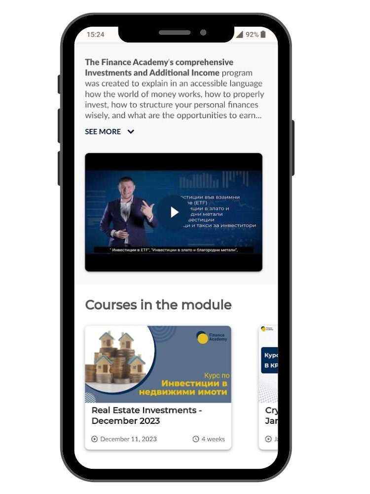 Cell phone showing a course introduction page on Finance Academy's website.
